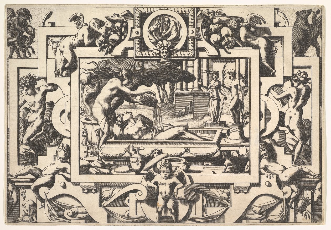 Medea wylewa magiczną miksturę na Jasona Kinga Aesona, tak zgrzybiałego i czcigodnego, w kadzi ona..., 1563. autorstwa Rene Boyvin