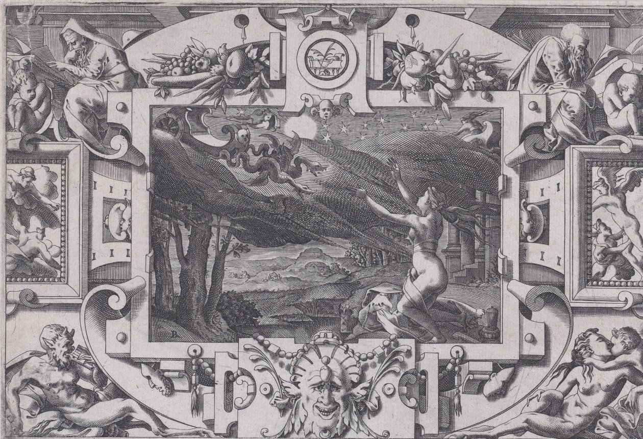Medea i jej rydwan ciągnięty przez smoki Rozczochrany i nagi w ciemną noc, w opustoszałym miejscu..., 1563. autorstwa Rene Boyvin