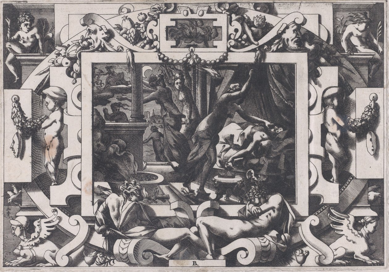 Pelias zabity przez swoje córki, których litości nabierają odwagi, aby opróżnić jego krew do v..., 1563. autorstwa Rene Boyvin