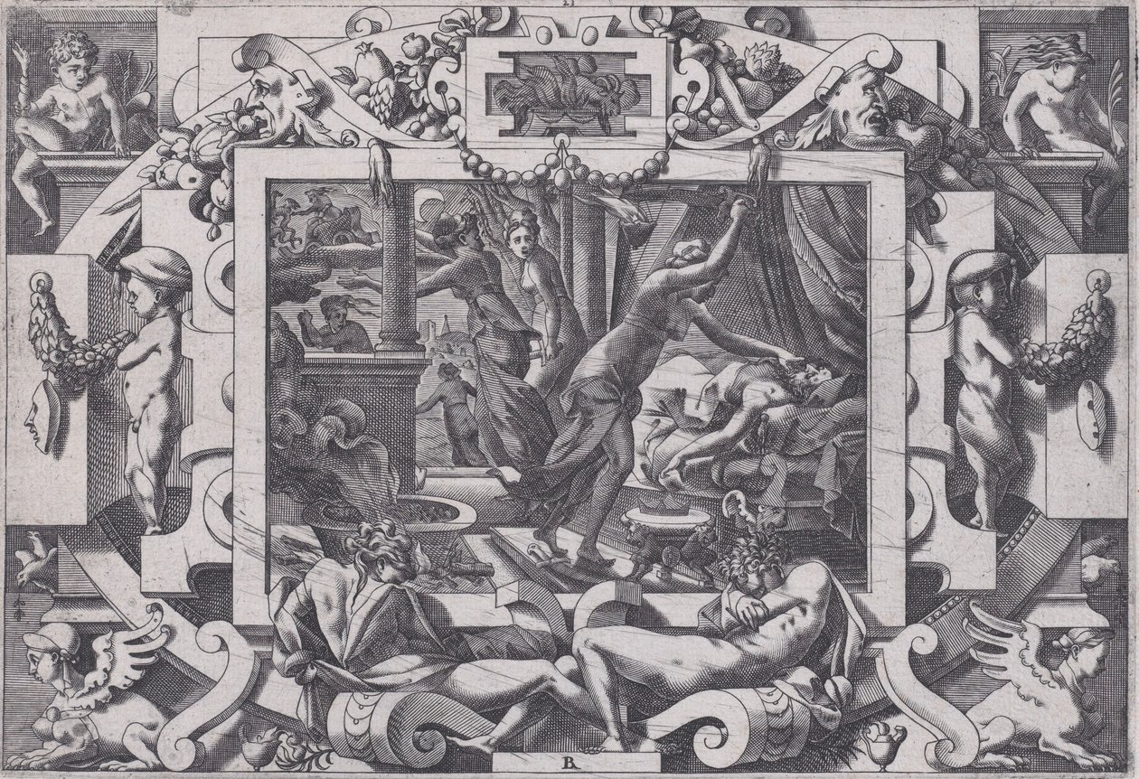 Pelias zabity przez swoje córki, których litości nabierają odwagi, aby opróżnić jego krew do v..., 1563. autorstwa Rene Boyvin