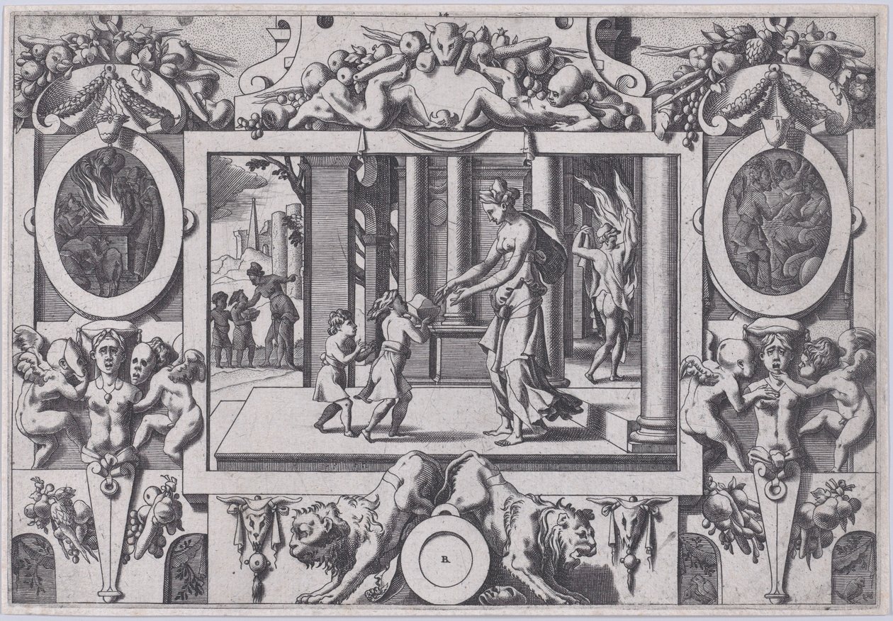 Dzieci Medei i Jasona dają Creusie śmiertelne prezenty od jego dwóch synów dla Środ..., 1563. autorstwa Rene Boyvin