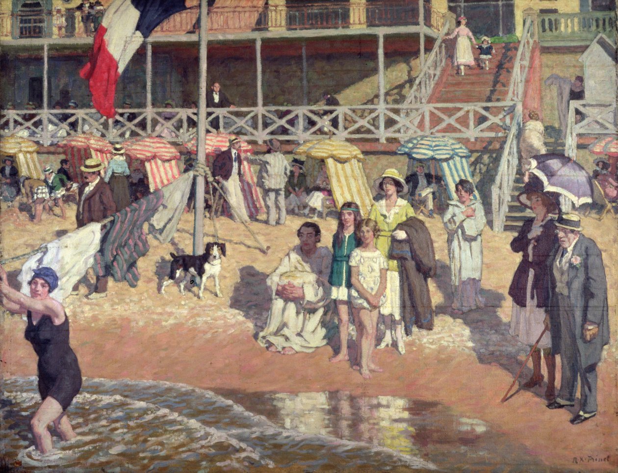 Kąpiący się przed Grand Hotelem, Cabourg, ok. 1920 r. (olej na desce) autorstwa René François Xavier Prinet