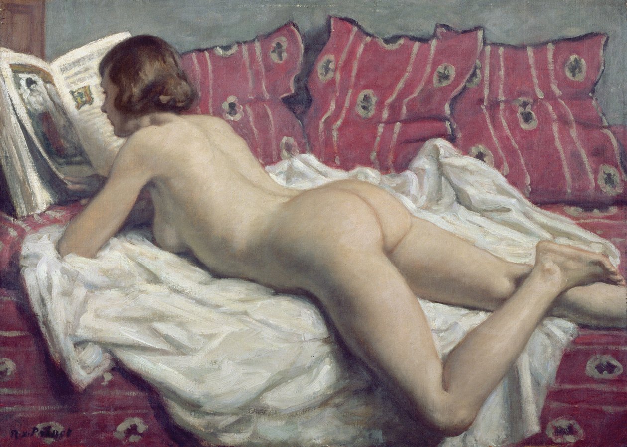 Akt na różowym tapczanie, ok. 1925 r. (olej na płótnie) autorstwa René François Xavier Prinet