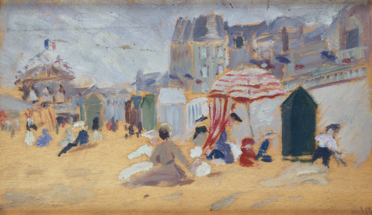 Parasole i chaty kąpielowe na plaży (olej na płótnie) autorstwa René François Xavier Prinet