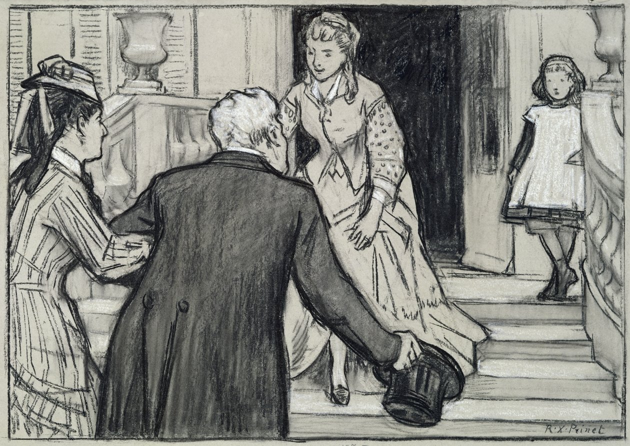 Wizyta, ilustracja z La Jeune Fille Bien Elevee autorstwa Rene Boylesve (czarno-białe kredy na papierze) autorstwa René François Xavier Prinet