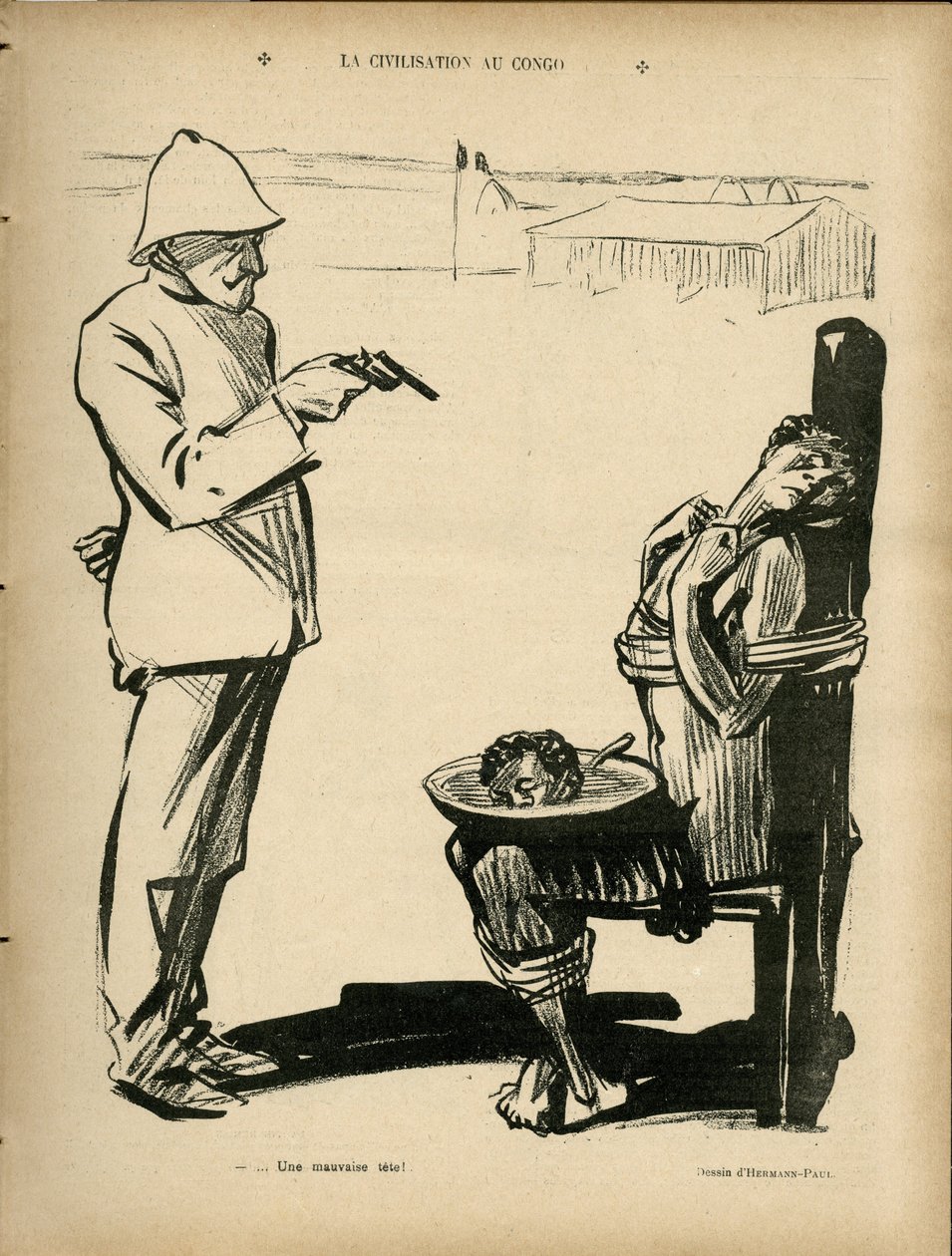 Ilustracja Hermanna-Paula (1864-1940) w Le Rire, 04.03.05 - La civilisation au congo - kolonizacja kolonializmu kolonialnego, Kongo, antykolonializm - czarny autorstwa Rene George Hermann Paul