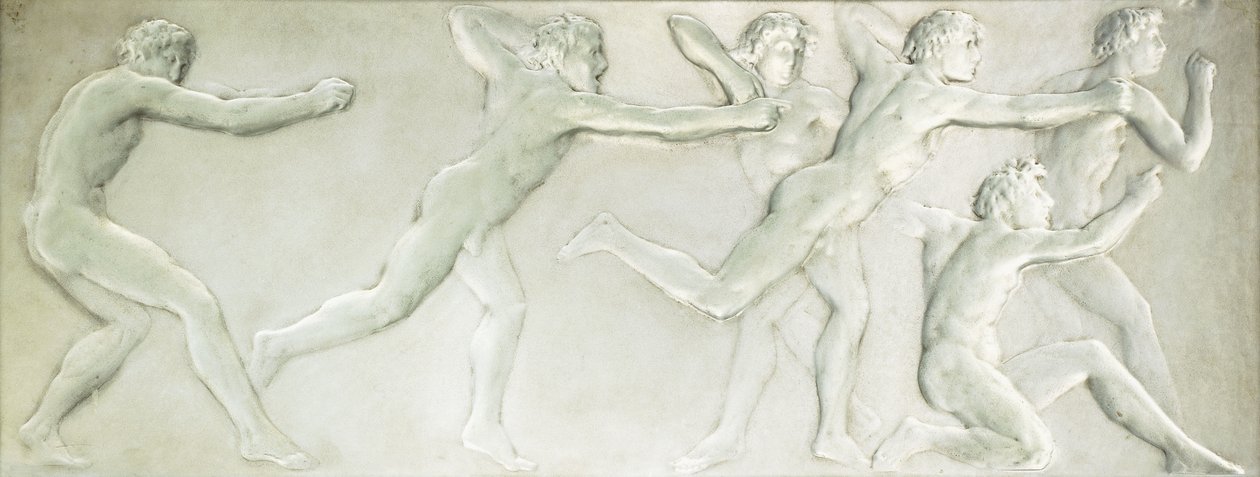 Odlewany szklany panel figuralny przedstawiający sześciu nagich sportowców płci męskiej, autorstwa Rene Jules Lalique