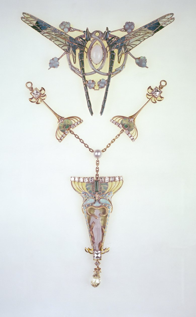Ozdoba do włosów Lalique i wisiorek Philippe Wolfersa (1858-1929) autorstwa Rene Jules Lalique
