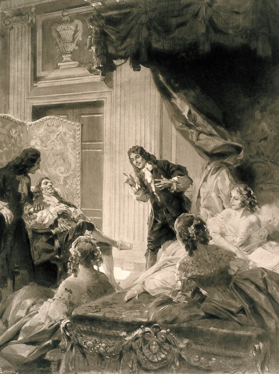 Scena sztuki "Le Malade Imaginaire" Jeana Baptiste Poquelin dit MOLIERE (1622-1673), koniec XIX - początek XX wieku (obraz) autorstwa Rene Lelong