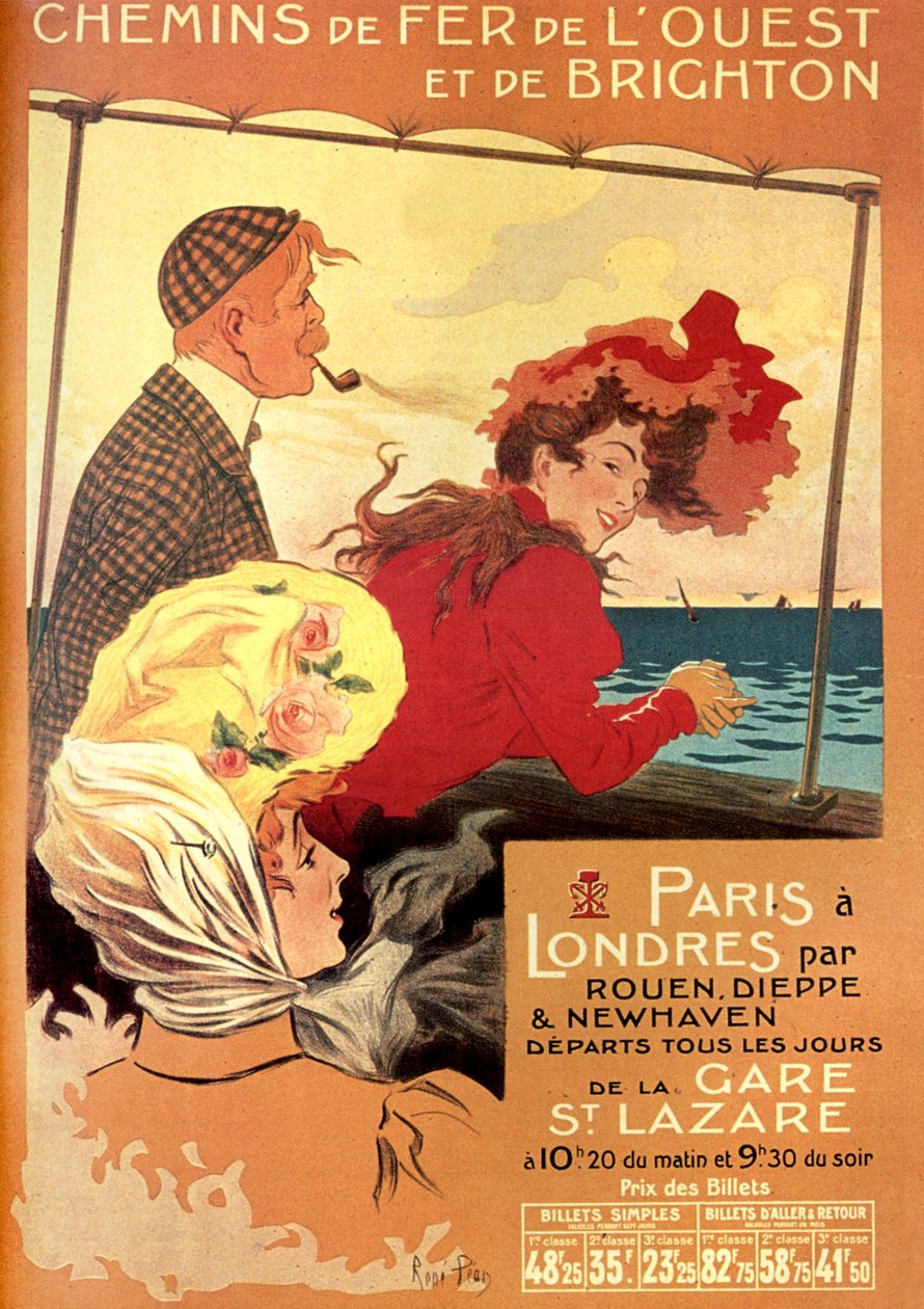 Cartaz de anúncio de Rene Pean para a companhia ferroviária West and Brighton para Paris London line via Rouen, Dieppe e Newhaven, polonês do final do século XIX autorstwa Rene Pean