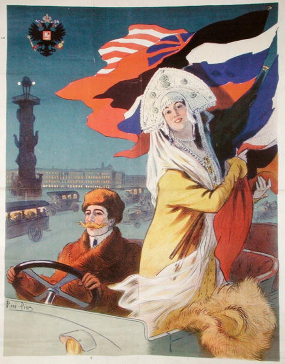 Para w samochodzie w Sankt Petersburgu, plakat reklamujący francuski samochód przeznaczony na rynek rosyjski, ok. 1912 (kolor lito) autorstwa Rene Pean