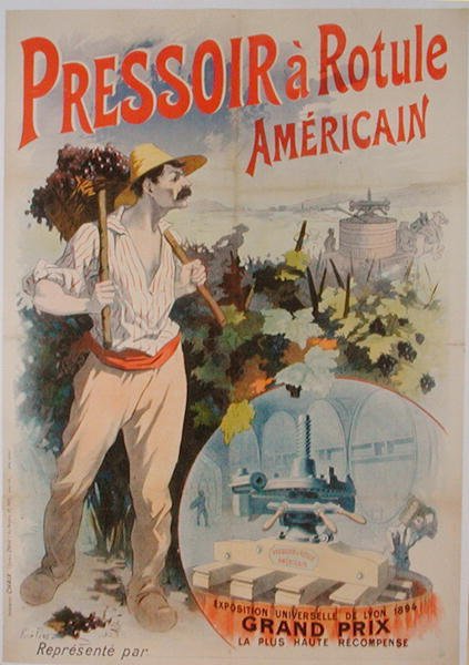 Plakat reklamujący amerykańską prasę do wina, wystawiony na Exposition Universelle de Lyon autorstwa Rene Pean