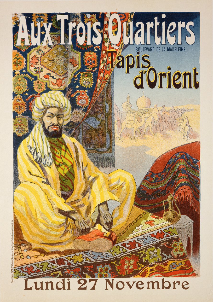 Reprodukcja plakatu reklamującego „Dywany orientalne”, wystawionego w „Aux Trois Quartiers”, 1899 autorstwa Rene Pean