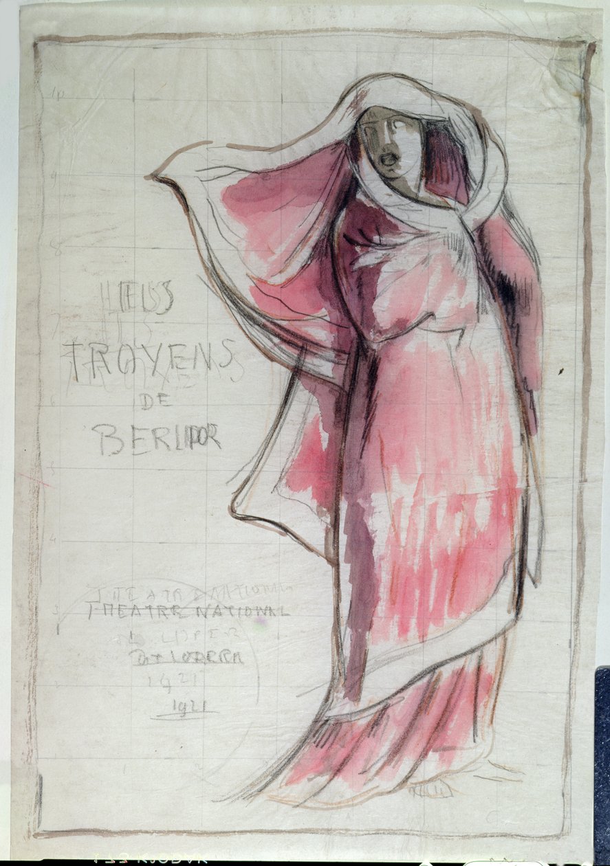 Projekt plakatu reklamującego Les Troyens (Trojanie) skomponowanego przez Hectora Berlioza (1803-69) do spektaklu w Operze Paryskiej w 1921 r. (ołówek i wc na papierze) autorstwa Rene Piot
