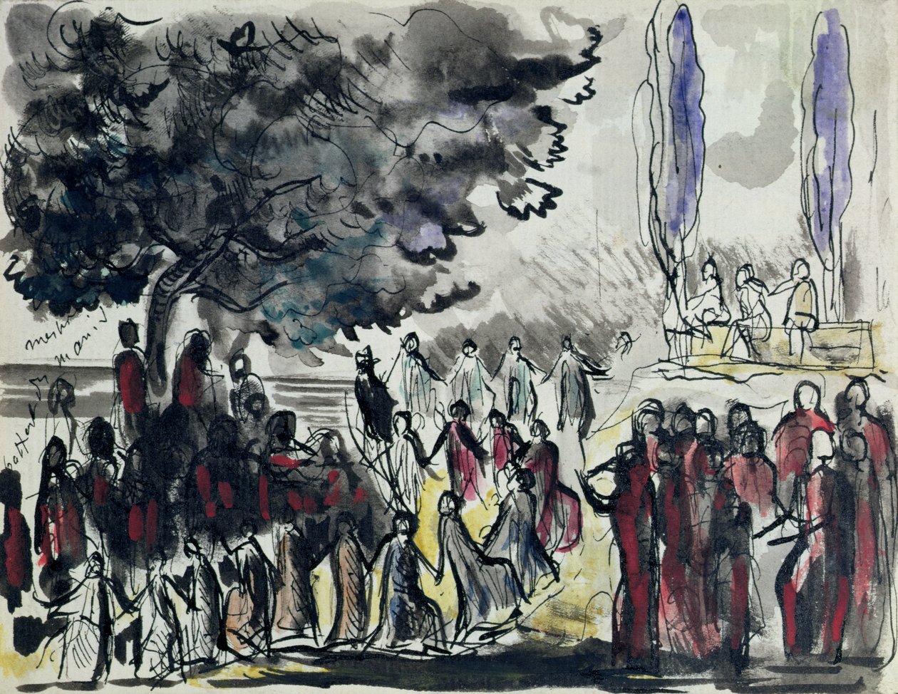 Scenografia do „Les Troyens” (Trojanie) skomponowanej przez Hectora Berlioza (1803-69) do spektaklu w Operze Paryskiej (pióro i atrament i akwarela na papierze) autorstwa Rene Piot