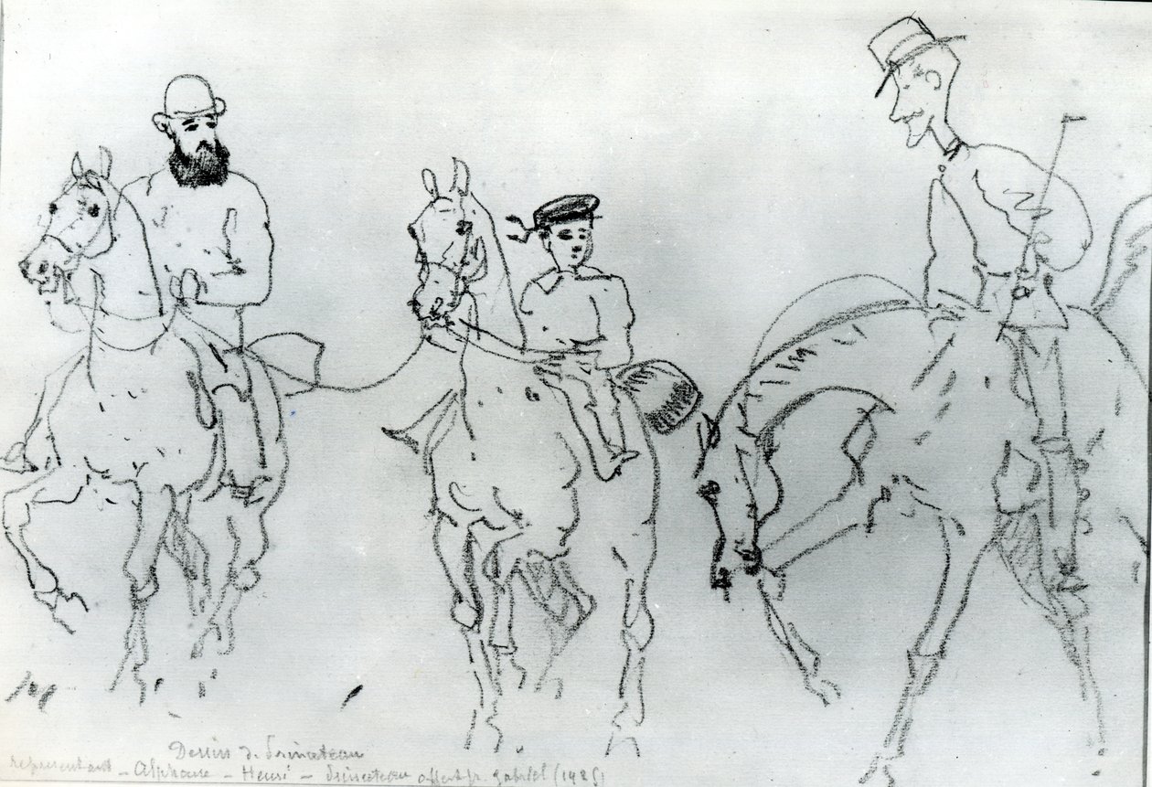 Trzej jeźdźcy: Henri de Toulouse-Lautrec (1864-1901) między swoim ojcem, hrabią Alphonse i artystą autorstwa Rene Princeteau