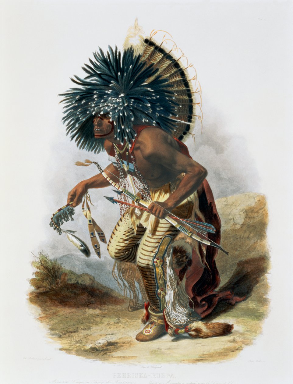 „Pehriska-Ruhpa, Minatarre Warrior w kostiumie psa tańca”, 1843 autorstwa Rene Rollet