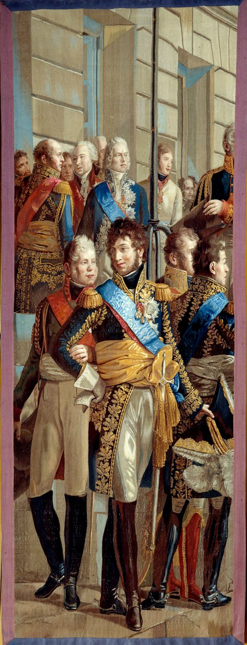 Wywiad Napoleona I i królowej Ludwiki Pruskiej w Tilsit (Tilsitt), 6.07.1807 Gobelin wykonany przez warsztat gobelinów według fragmentu obrazu Rene Theodore Berthon (1776-1859) Nd. 3,28x1,28 m Malmaison musee du chateau autorstwa Rene Theodore Berthon