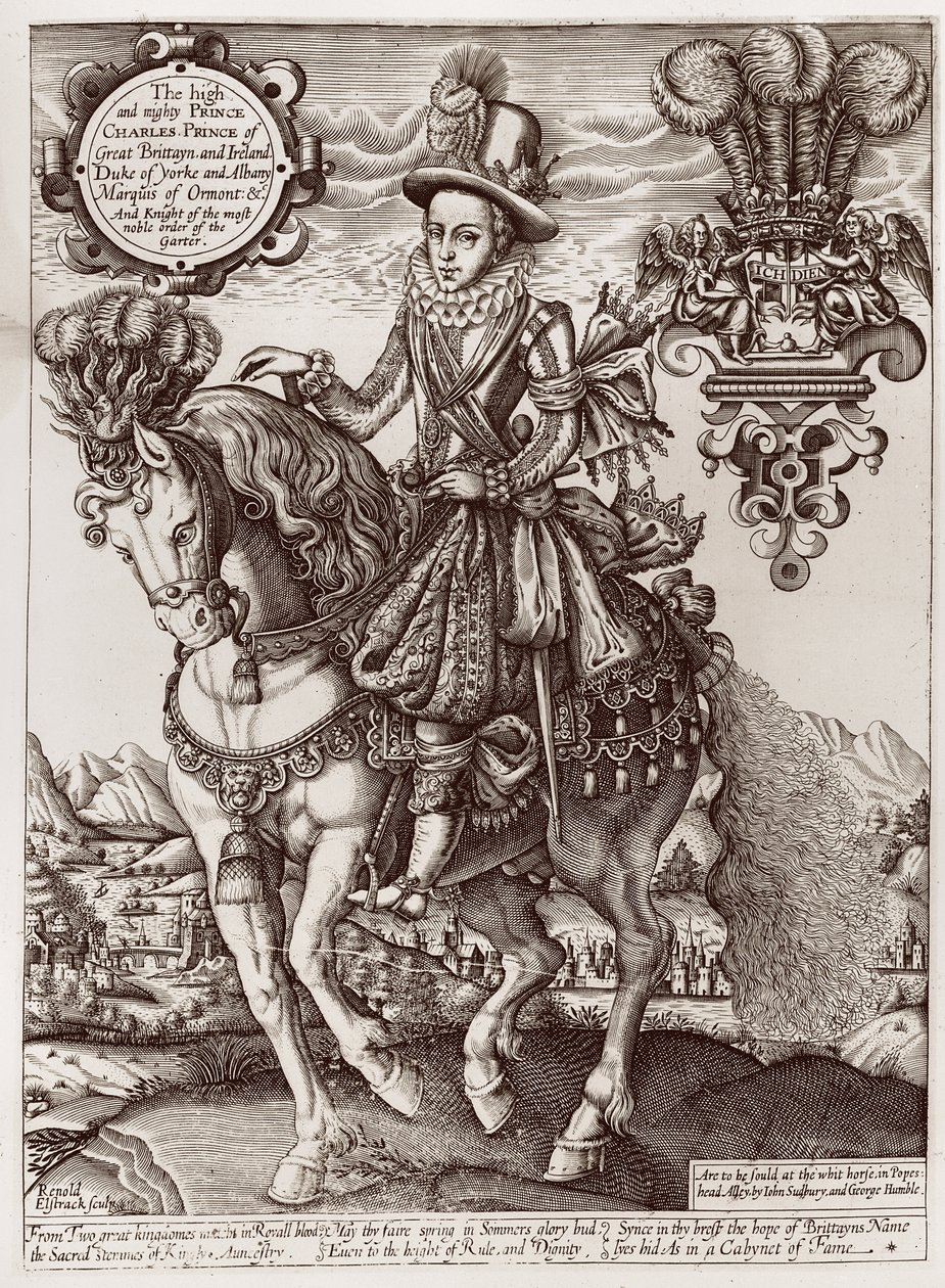 Karol I jako książę Walii na koniu, z „Księgi królów”, 1618 autorstwa Renold Elstrack
