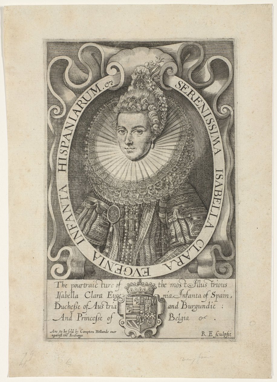 Portret Izabeli Klary Eugenii Najjaśniejsza Isabella Clara Eugenia Infanta Hiszpanii (tytuł na obiekcie) autorstwa Renold Elstrack