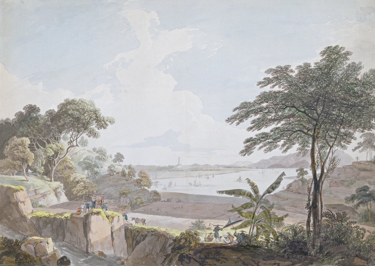 Widok na rzekę Canton, niedaleko Whampoa, Chiny, ok. 1785-94 (wc i grafit na papierze wykładanym) autorstwa Rev. Edward Thomas Daniell