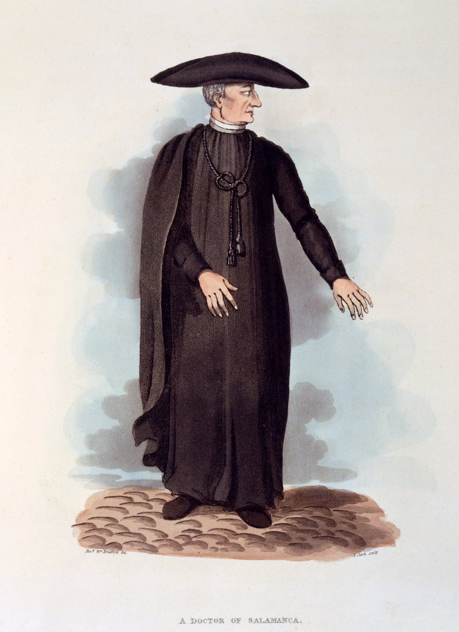 Doktor z Salamanki, ilustracja z „Szkiców kraju, charakteru i stroju, w Portugalii i Hiszpanii, wykonanych podczas kampanii i na szlaku armii brytyjskiej w latach 1808 i 1809 autorstwa Wila autorstwa Rev. William Bradford