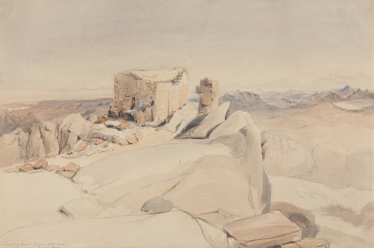 Szczyt Góry Synaj lub Jebel Musa, 1840 (wc, grafit i kolor nadwozia na beżowym papierze tkanym) autorstwa Rev. Edward Thomas Daniell