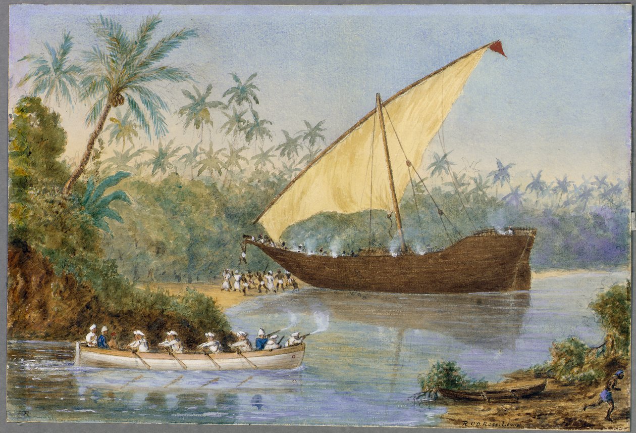 HMS "London" ścigający łódź niewolniczą w pobliżu Zanzibaru autorstwa Rev. Robert Ross Lewin