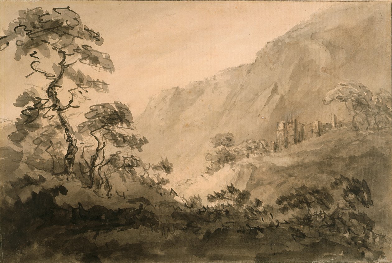 Mountainous Landscape With Ruin (pióro, tusz i tusz rozmyte na ołówku na białawym papierze kredowym przygotowanym w sepii) autorstwa Rev. William Gilpin