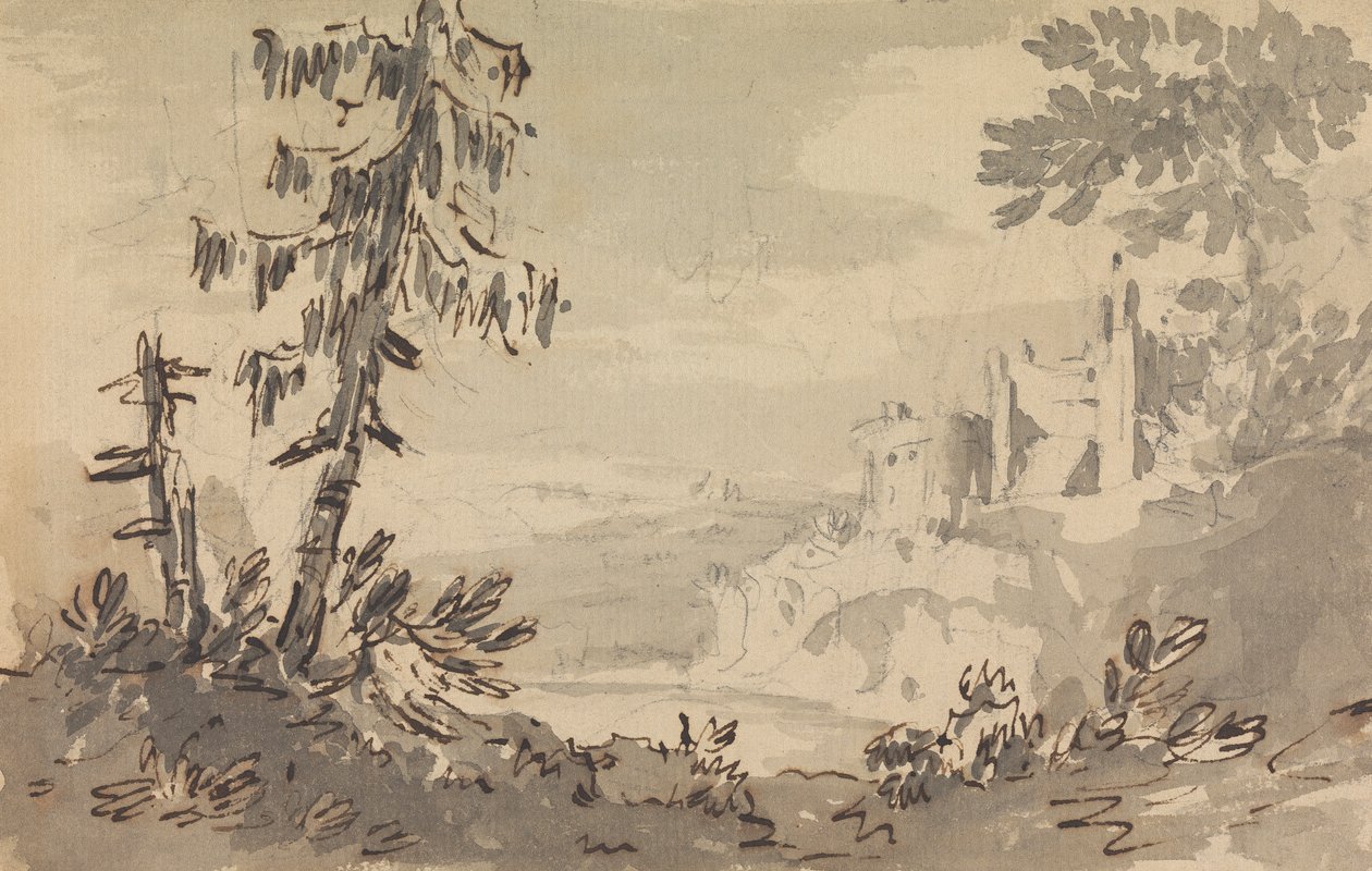 Sosny i zamek w krajobrazie autorstwa Rev. William Gilpin