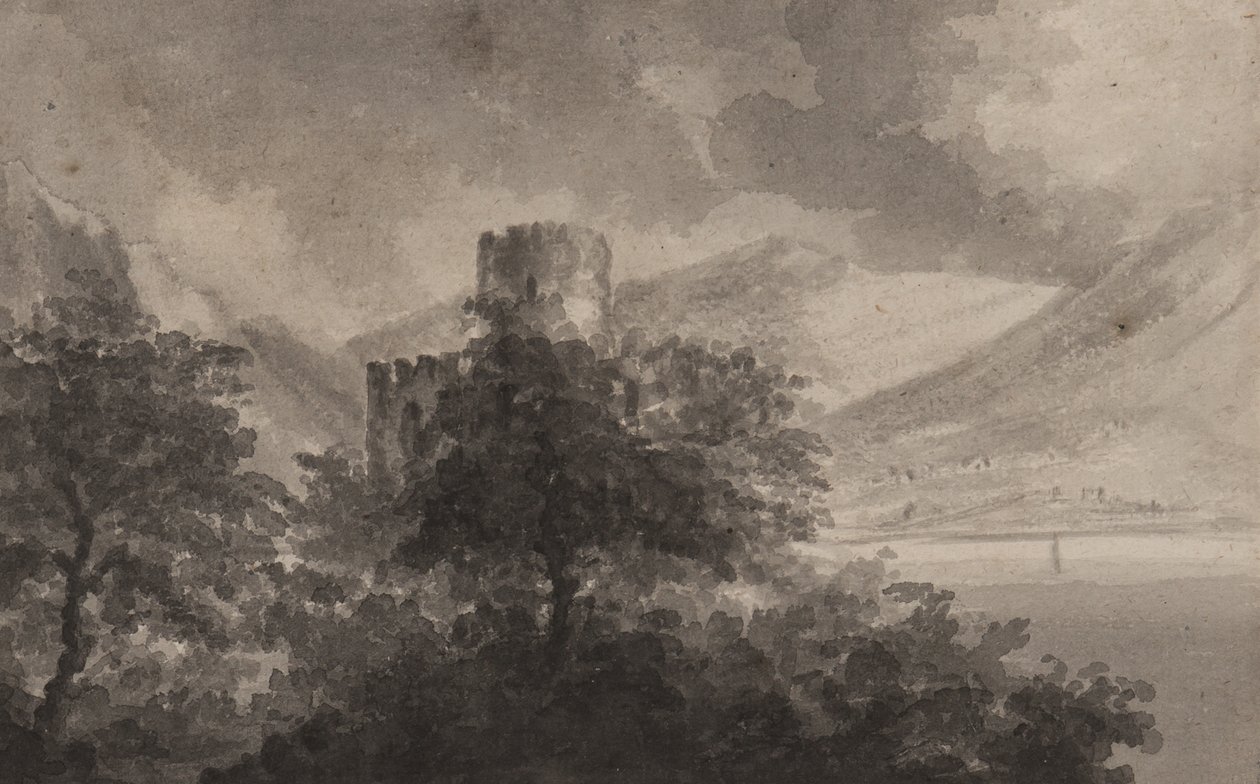 Zalesiony zamek Lakeland: capriccio, 1804 (pędzel i monochromatyczne przemycia na papierze) autorstwa Rev. William Gilpin