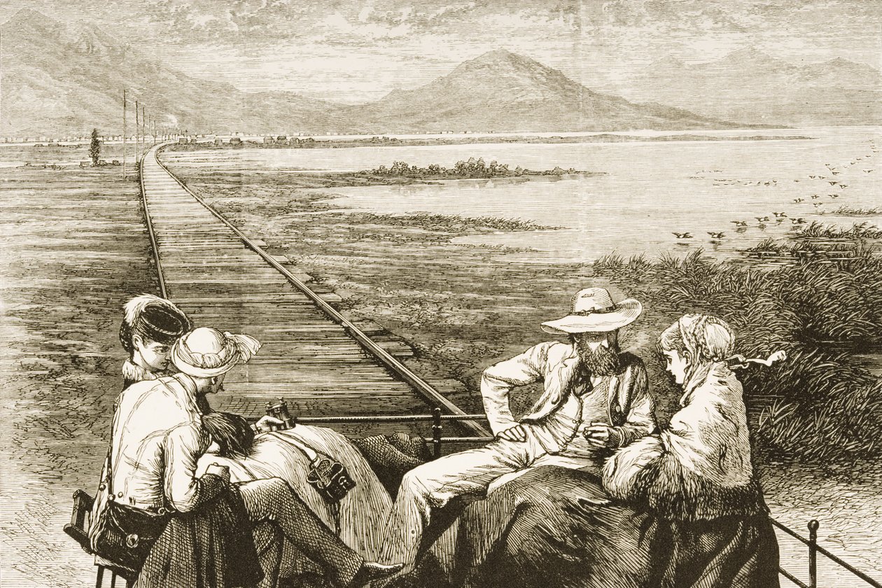 Wagon inspekcyjny na linii Pacific Railway zbliżającej się do Wielkiego Jeziora Słonego, ok.1880 autorstwa Reverend Samuel Manning
