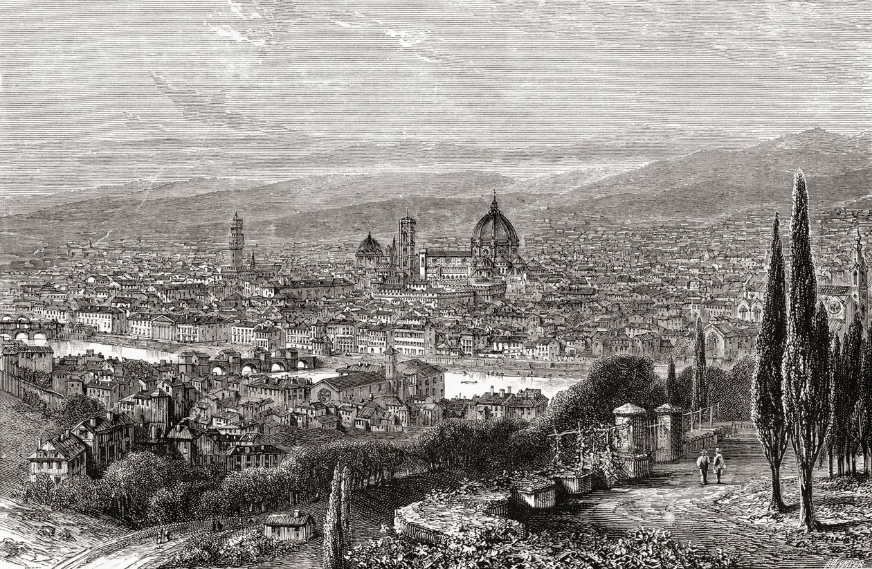 Widok na Florencję, Toskania, Włochy z tarasu San Miniato, pod koniec XIX wieku. Z włoskich obrazów ks. Samuela Manninga, opublikowanych około 1890 roku. autorstwa Reverend Samuel Manning
