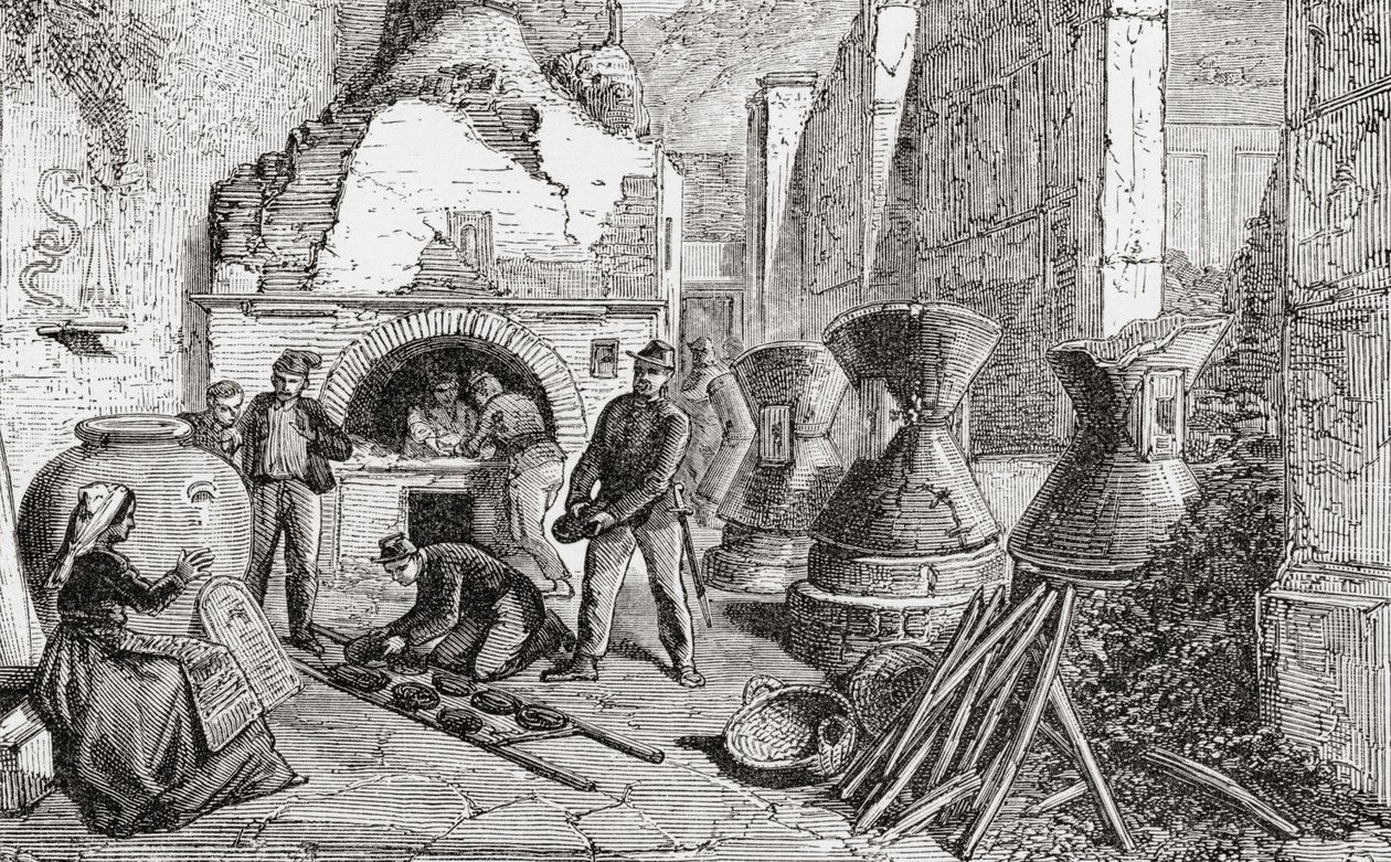 Piec piekarski, młyny do chleba i mąki odkryte podczas wykopalisk w Pompejach, Neapol, Włochy pod koniec XIX wieku. Z włoskich obrazów ks. Samuela Manninga, opublikowanych ok. 1890 r. autorstwa Reverend Samuel Manning