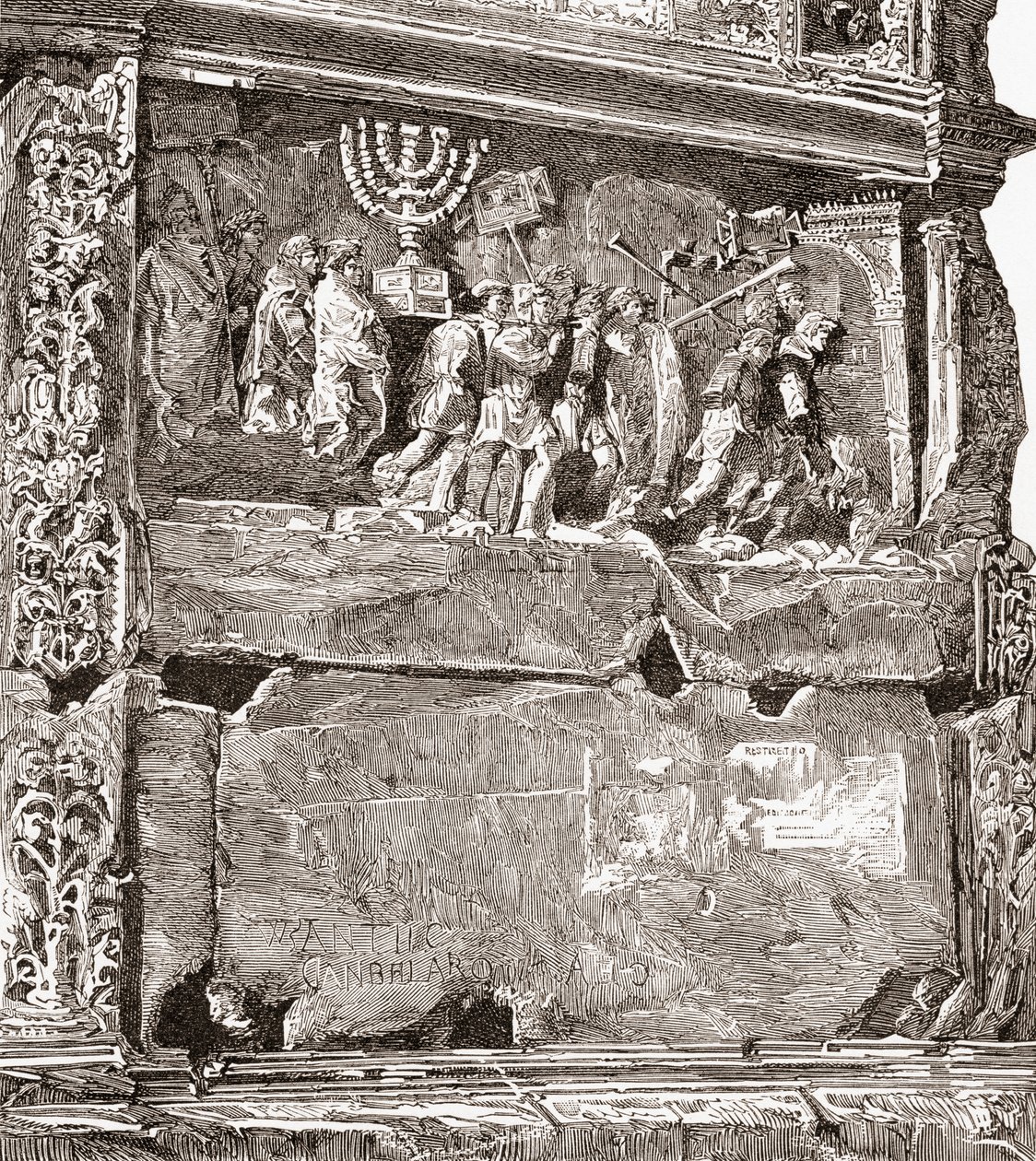 Płaskorzeźba z południowego panelu "Łupy wojenne", przedstawiająca procesję triumfalną na Łuku Tytusa, Via Sacra, Forum Romanum, Rzym, Włochy. Z włoskich obrazów ks. Samuela Manninga, opublikowanych około 1890 roku. autorstwa Reverend Samuel Manning