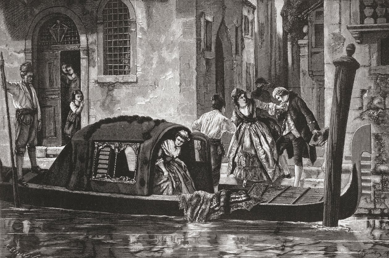 Pasażerowie wysiadający z gondoli na Wielkim Kanale w Wenecji we Włoszech pod koniec XIX wieku. Z włoskich obrazów ks. Samuela Manninga, opublikowanych około 1890 roku. autorstwa Reverend Samuel Manning