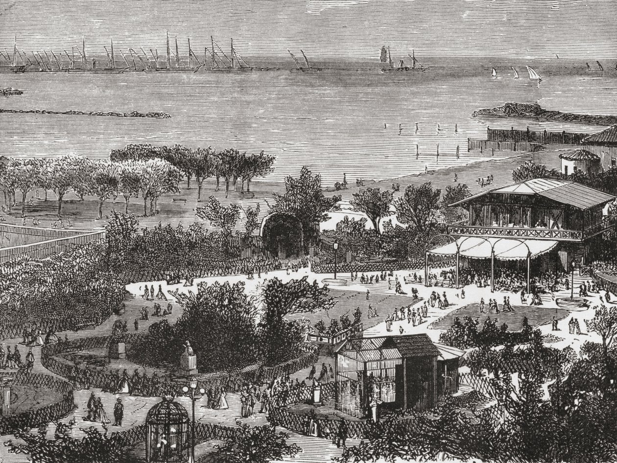 Publiczne ogrody i reda Livorno, aka Leghorn, Toskania, Włochy pod koniec XIX wieku. Z włoskich obrazów ks. Samuela Manninga, opublikowanych około 1890 roku. autorstwa Reverend Samuel Manning