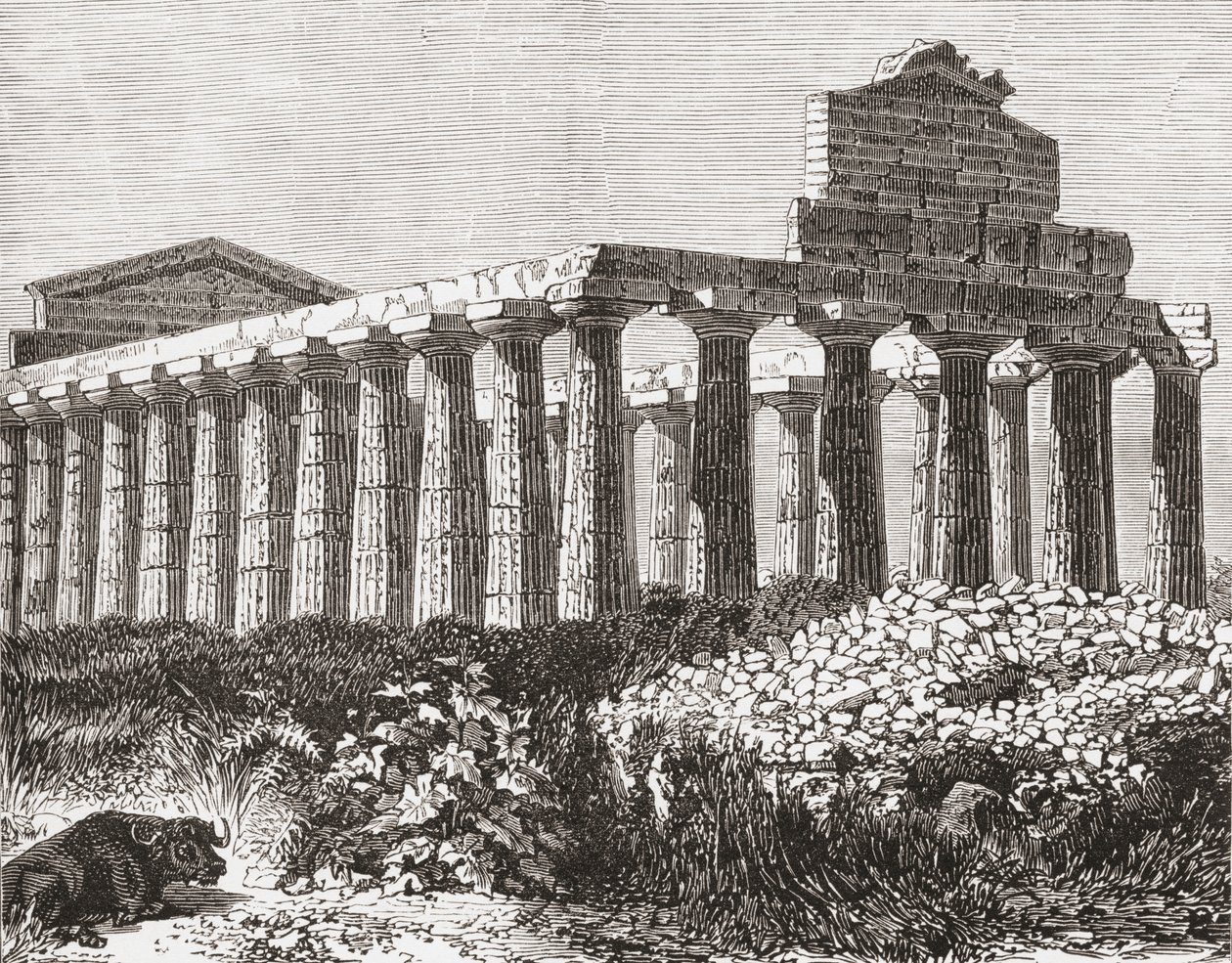 Świątynia w Paestum, Włochy pod koniec XIX wieku. Z włoskich obrazów ks. Samuela Manninga, opublikowanych około 1890 roku. autorstwa Reverend Samuel Manning