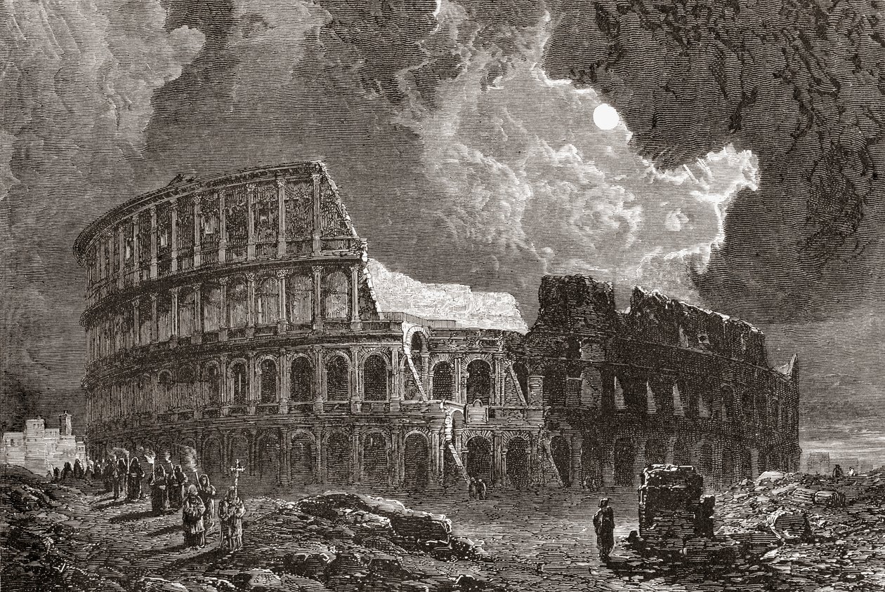Koloseum, Rzym, Włochy w świetle księżyca, pod koniec XIX wieku. Z włoskich obrazów ks. Samuela Manninga, opublikowanych około 1890 roku. autorstwa Reverend Samuel Manning