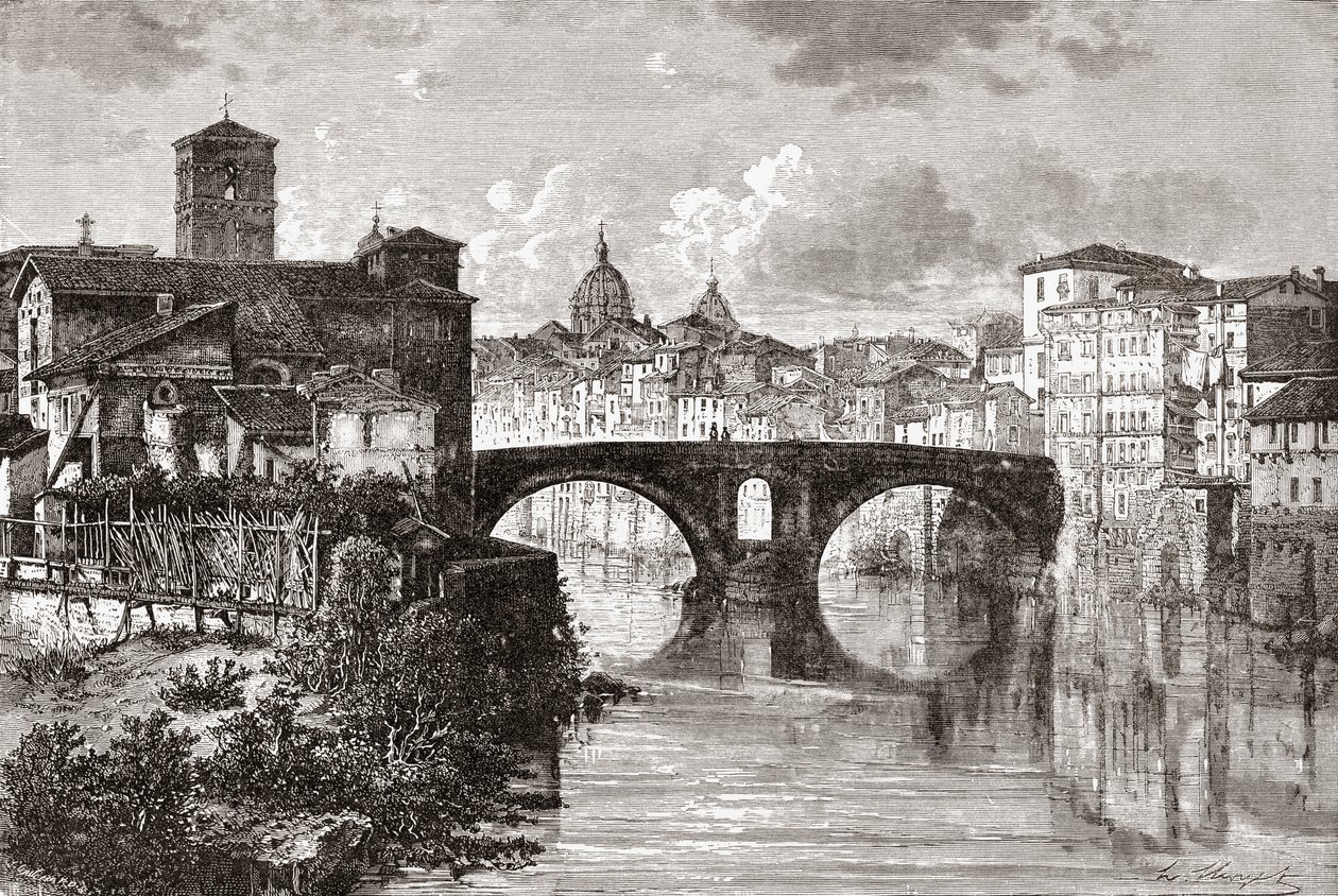Pons Fabricius lub Ponte dei Quattro Capi i wyspa na Tybrze, Rzym, Włochy pod koniec XIX wieku. Z włoskich obrazów ks. Samuela Manninga, opublikowanych ok. 1890 r. autorstwa Reverend Samuel Manning