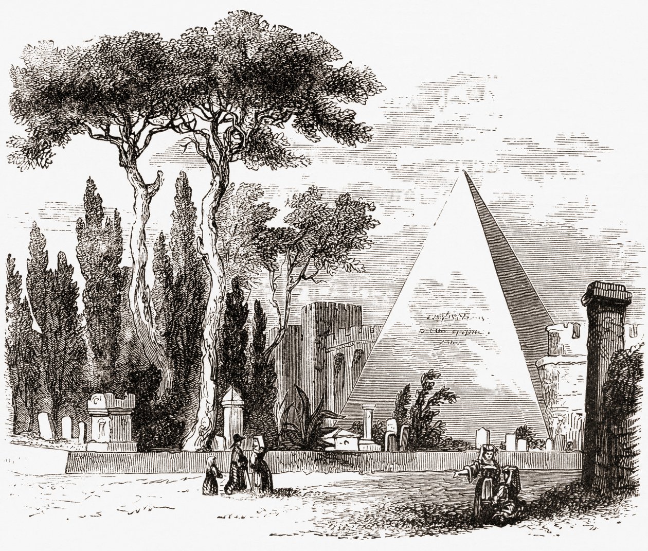 Cmentarz protestancki i piramida Cestiusza, Rzym, Włochy pod koniec XIX wieku. Z włoskich obrazów ks. Samuela Manninga, opublikowanych około 1890 roku. autorstwa Reverend Samuel Manning