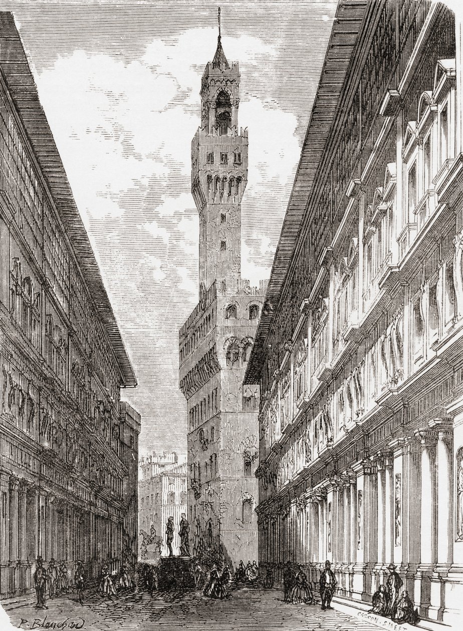 Uffizi, Palazzo Vecchio i rzeźby na Piazza della Signoria, Florencja, Włochy pod koniec XIX wieku. Z włoskich obrazów ks. Samuela Manninga, opublikowanych około 1890 roku. autorstwa Reverend Samuel Manning
