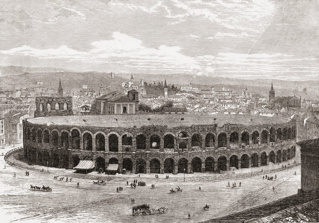 Arena w Weronie, Piazza Bra, Werona, Włochy pod koniec XIX wieku. Z włoskich obrazów ks. Samuela Manninga, opublikowanych około 1890 roku. autorstwa Reverend Samuel Manning