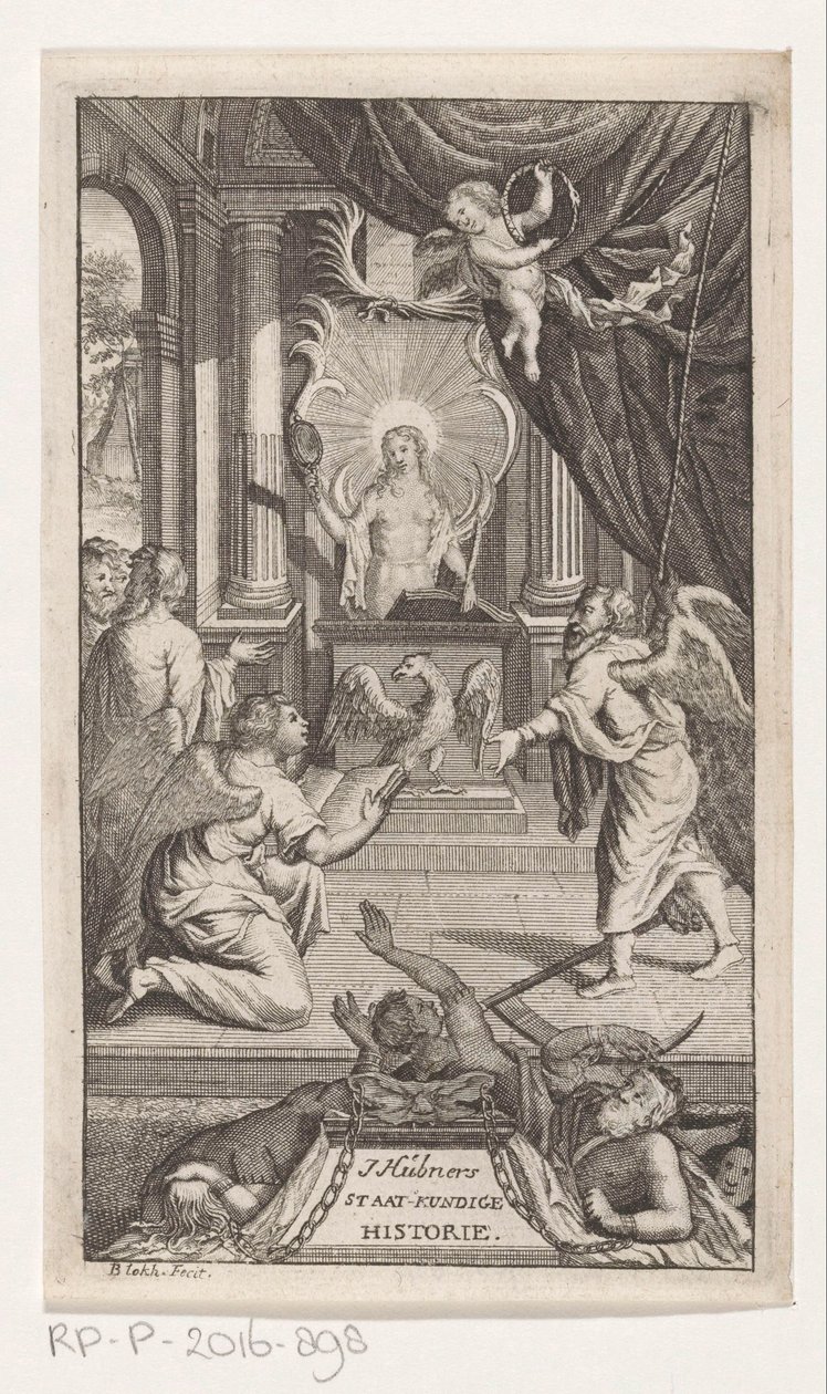 Ojciec Czas ujawnia historię Historia polityczna J. Huebnera (tytuł na obiekcie) Strona tytułowa dla: Johann Hübner, Zwięzłe pytania z historii politycznej, 1722 autorstwa Reynier Blokhuysen