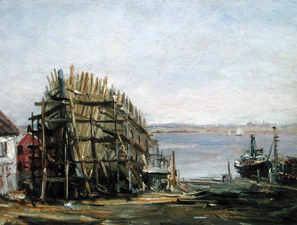 Stocznia Noank, ok. 1900 (olej na pokładzie) autorstwa Reynolds Beal