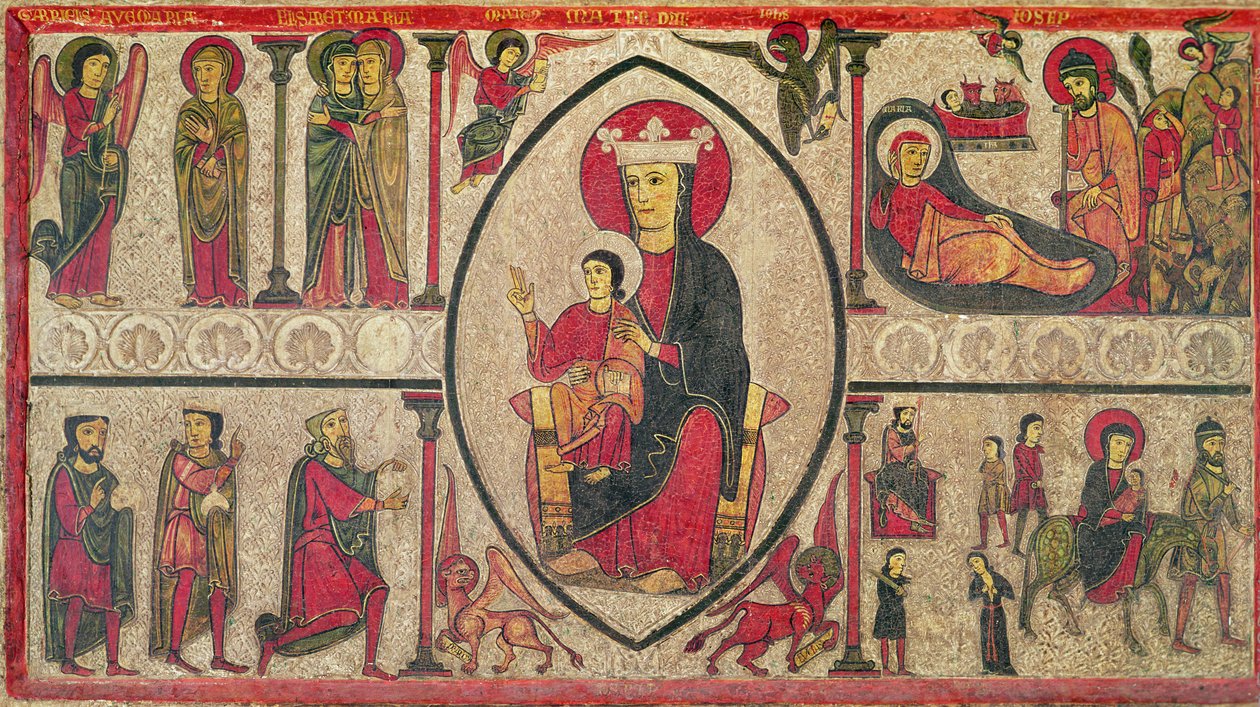 Front ołtarza z kościoła Santa Maria de Cardet, Vall de Boi, Hiszpania, przedstawiający Madonnę i cztery sceny z jej życia, 1150-1200 (tempera na desce) (patrz także 498165) autorstwa Ribagorça Workshop Johannes Pintor