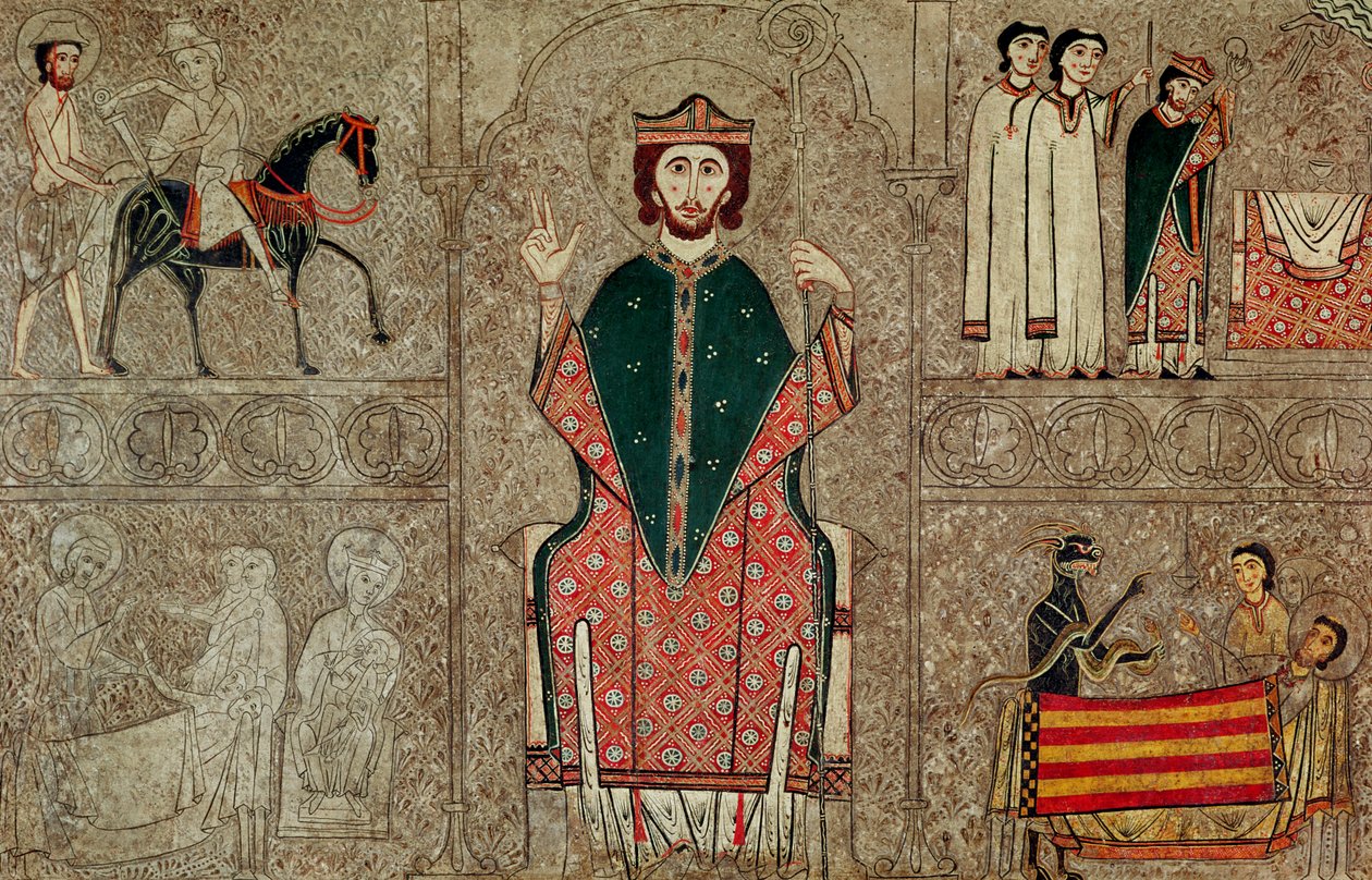 Front ołtarza z kościoła św. Marcina, Chia, Hiszpania, przedstawiający św. Marcina z Tours i cztery sceny z jego życia, 1150-1200 (tempera na desce) autorstwa Ribagorça Workshop Johannes Pintor