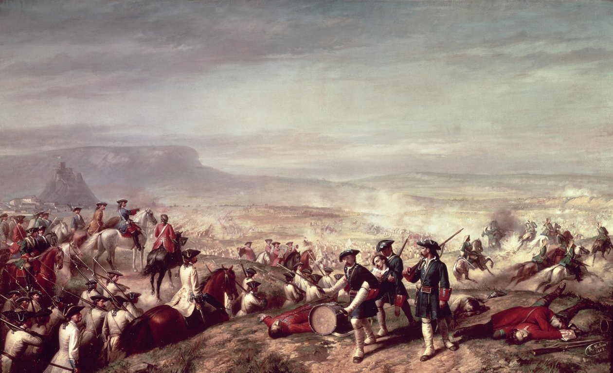 Bitwa pod Almansą między wojskami Filipa V (1683-1746) a arcyksięciem Karolem Austrii w 1707 r. (olej na płótnie) autorstwa Ricardo Balaca y Canseco