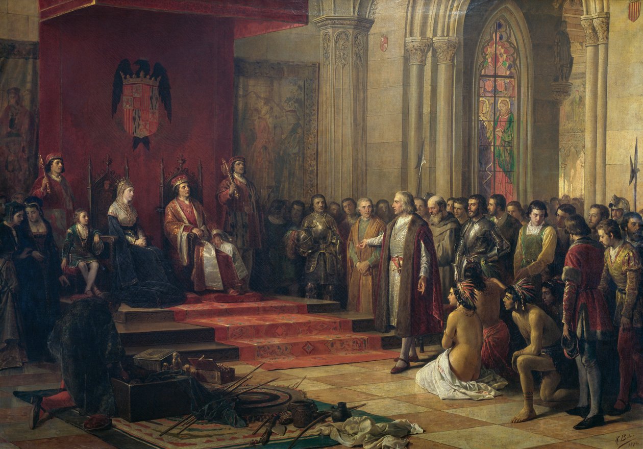 Krzysztof Kolumb przyjęty przez królów katolickich w Barcelonie po powrocie z pierwszej podróży do Ameryki, obraz Ricardo Balaca z 1874 r. (1844-1880), olej na płótnie autorstwa Ricardo Balaca y Canseco