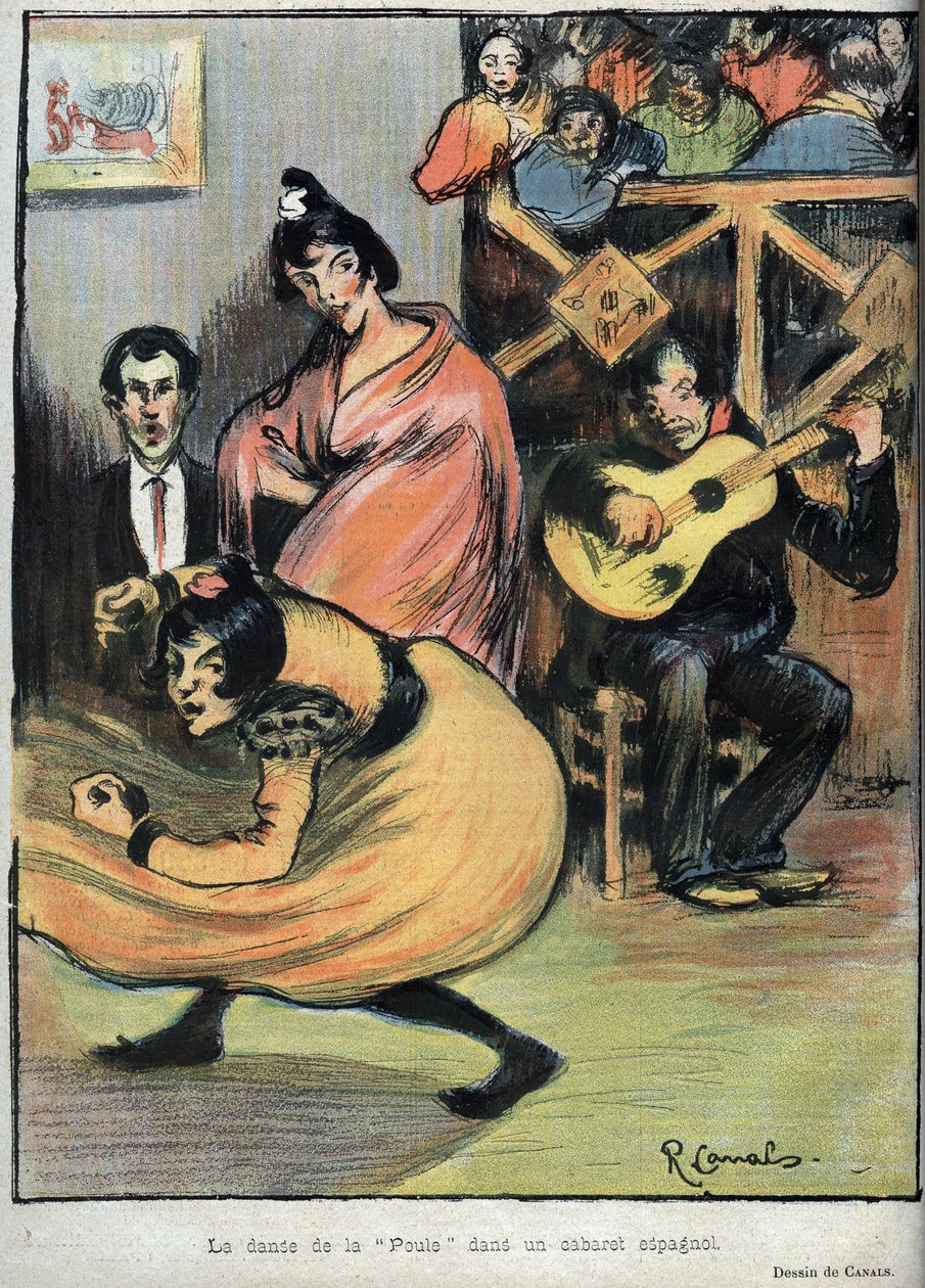 Taniec kury w hiszpańskim kabarecie - rysunek R. Canals w Le Rire de 1898 - autorstwa Ricardo Canals y Llambi